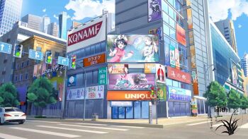 Rule 34 | billboard, brand name imitation, car, city, cloud, cloudy sky, commentary request, kamen rider, konami, lamppost, love live!, minami kotori, motor vehicle, original, pedestrian lights, road sign, scenery, sign, sky, traffic light, trash can, tree, uniqlo, xingzhi lv, yazawa nico