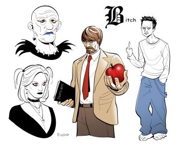 1girl 3boys amane_misa amane_misa_(cosplay) apple artist_name baggy_pants bald barefoot beard black_hair blue_eyes blue_lips blue_pants breaking_bad breasts brown_hair brown_jacket brown_pants clenched_teeth collared_shirt colored_sclera commentary cosplay cropped_legs cropped_shoulders cross cross_earrings cross_necklace death_note death_note_(object) denim dress_pants dress_shirt earrings english_commentary english_text facial_hair feet findoworld food formal_clothes fruit full_body glasses hand_in_pocket heart heart_earrings highres holding holding_food holding_fruit jacket jeans jesse_pinkman jewelry l_(death_note) l_(death_note)_(cosplay) large_breasts lipstick long_sleeves looking_at_viewer makeup middle_finger mike_ehrmantraut multiple_boys mustache necklace necktie open_clothes open_jacket outstretched_arm pants profanity red_eyes red_necktie ryuk ryuk_(cosplay) shirt short_hair simple_background skyler_white spot_color standing studded_choker suit suit_jacket teeth toes two_side_up walter_white white_background white_shirt yagami_light yagami_light_(cosplay) yellow_sclera