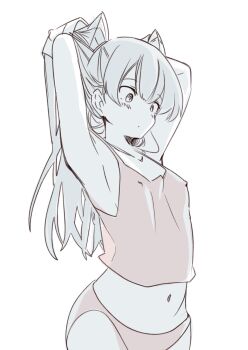1girl adjusting_hair armpits arms_behind_head blunt_bangs breasts camisole chakoru closed_mouth covered_erect_nipples cowboy_shot dot_mouth greyscale highres long_hair monochrome navel original panties sidelocks simple_background small_breasts solo spot_color underwear white_background