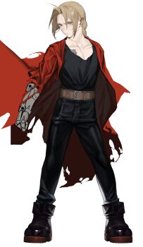 Rule 34 | 1boy, absurdres, ahoge, automail, belt, black pants, black shirt, black shoes, blonde hair, braid, braided ponytail, brown belt, cbow, closed mouth, coat, collarbone, commentary request, curtained hair, edward elric, full body, fullmetal alchemist, highres, long hair, male focus, mechanical arms, pants, red coat, shiny clothes, shirt, shoes, short male, simple background, single mechanical arm, solo, standing, torn clothes, torn coat, white background