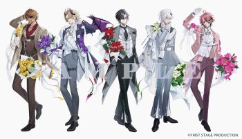 5boys :d ahoge arm_up ascot bandaged_head bandages belt black_belt black_coat black_hair black_necktie black_pants black_shoes black_suit blonde_hair bouquet bow bowtie brooch brown_hair brown_jacket brown_pants brown_suit brown_vest buttons calla_lily capelet cassian_floros closed_mouth coat collar_chain_(jewelry) collared_shirt colored_skin commentary contrast_lapels copyright_notice corsage crocus_(flower) curtained_hair dark-skinned_male dark_skin demon_boy demon_horns demon_tail demon_wings dress_pants dress_shoes earrings english_commentary eyepatch first_stage_production flower flower_ornament formal_clothes full_body gale_galleon gloves green_eyes grey_jacket grey_pants grey_skin grin groom hair_between_eyes hair_over_shoulder hair_tubes half_gloves hand_up holding holding_bouquet horns jacket jewelry lapels lily_(flower) lineup long_hair long_sleeves looking_at_viewer low_ponytail lucien_lunaris male_focus mandarin_collar medium_hair michikake16 mixed-language_commentary multicolored_hair multicolored_jacket multiple_boys necktie notched_lapels official_art one_eye_closed one_eye_covered open_clothes open_coat open_collar open_jacket open_mouth pants parted_lips patchwork_skin pink_eyes pink_flower pink_hair pink_jacket pleated_pants pointy_ears ponytail purple_eyes purple_flower purple_horns purple_wings red_eyes red_flower red_shirt ribbon rosco_graves rose sample_watermark shirt shoes short_hair side_cape simple_background single_earring single_hair_tube sleeve_bow smile standing stitched_face stitches streaked_hair suit sweater_guard tail thigh_belt thigh_strap two-sided_coat two-sided_fabric two-tone_jacket v-neck vest virtual_youtuber wallet_chain water_lily_flower watermark white_ascot white_background white_belt white_bow white_bowtie white_capelet white_flower white_gloves white_hair white_jacket white_lily white_ribbon white_shirt white_vest wings yellow_eyes yellow_flower yellow_rose zander_netherbrand zombie