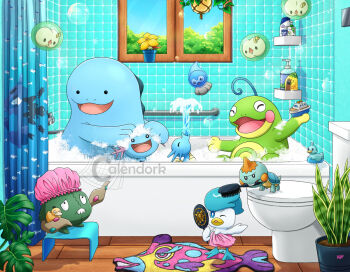 aqua_eyes artist_name bath bathing bathtub blue_sky bottle bright_pupils brushing bruxish bubble bubble_bath castform castform_(rainy) celebi character_print chewtle closed_eyes closed_mouth commentary day ditto ducklett english_commentary evolution_stone evolutionary_stone floating fresh_water_(pokemon) gen_1_pokemon gen_2_pokemon gen_3_pokemon gen_5_pokemon gen_7_pokemon gen_8_pokemon gossifleur hand_mirror handrail hands_on_another's_head holding holding_brush holding_mirror holding_rubber_duck holding_toy horsea in_bathtub legendary_pokemon mirror mouth_hold mythical_pokemon nintendo no_humans nostrils on_stool on_toilet one_eye_closed open_mouth plant pokemon politoed potted_plant prism_scale psyduck quagsire quaxly rubber_duck rug shared_bathing sharp_teeth shelf shower_curtain signature sky smile solosis sunkern teeth thecalendork themed_object toilet toy toy_boat transformed_ditto trubbish water water_stone watermark white_pupils window wishiwashi wishiwashi_(school) wishiwashi_(solo) wooper
