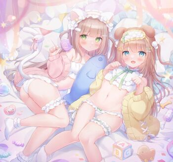 2girls :d alphabet_blocks animal_ear_hairband animal_ears blue_eyes blush bobby_socks bone bow bow_panties bra brown_hair candy cardigan cat_ears cat_girl cat_tail closed_mouth commentary_request criss-cross_halter cropped_shirt dog_ears dog_girl eye_mask fake_animal_ears food frilled_hairband frilled_panties frilled_thigh_strap frills full_body green_eyes groin hair_ornament hairband hairclip halterneck head_on_pillow highres holding holding_candy holding_food holding_lollipop lollipop long_hair long_sleeves looking_at_viewer lying mask mask_on_head midriff multiple_girls navel neck_ribbon omochi_monaka on_back on_side open_cardigan open_clothes open_mouth original pacifier panties pillow pink_cardigan pom_pom_(clothes) pom_pom_hair_ornament ribbon shirt smile socks star_(symbol) stuffed_animal stuffed_fish stuffed_toy tail tail_scrunchie thigh_strap two_side_up underwear very_long_hair white_bra white_panties white_shirt white_socks x_hair_ornament yellow_cardigan yume_kawaii