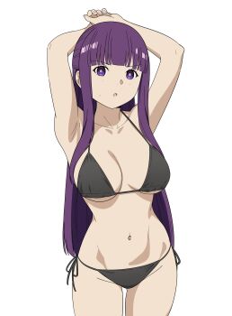 Rule 34 | 1girl, :o, absurdres, armpits, arms up, bikini, black bikini, blunt bangs, breasts, collarbone, commentary, coro fae, cowboy shot, english commentary, fern (sousou no frieren), highres, large breasts, long hair, looking at viewer, navel, purple eyes, purple hair, sidelocks, simple background, solo, sousou no frieren, standing, stomach, straight hair, swimsuit, thighs, v-shaped eyebrows, very long hair, white background