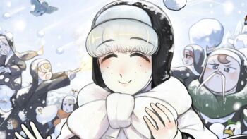 Rule 34 | > <, 6+girls, :d, animal, animal on head, bird, blonde hair, bow, brown hair, cat, cat on head, chicken, closed eyes, closed mouth, clumsy nun (diva), commentary, diva (hyxpk), duck, english commentary, fire, freckles, frog headband, froggy nun (diva), green scarf, grey hair, hedgehog, highres, hungry nun (diva), leaf nun (diva), little nuns (diva), mole, mole on cheek, multiple girls, nun, on head, open mouth, pigeon, red scarf, scarf, scarf bow, sheep nun (diva), smile, snow, snowball, snowball fight, spicy nun (diva), traditional nun, white scarf