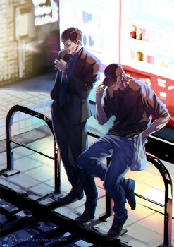 Rule 34 | 2boys, adjusting clothes, adjusting headwear, against railing, akiyama shun, arai hiroaki, bag, baseball cap, black hair, cigarette, city, commentary request, denim, formal clothes, grocery bag, hat, highres, holding, holding cigarette, homeless, jeans, male focus, multiple boys, necktie, nicacu, night, pants, railing, ryuu ga gotoku (series), ryuu ga gotoku 4, shopping bag, smoking, suit, vending machine