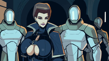 1girl 3boys armor breasts brown_hair capelet cleavage cleavage_cutout clothing_cutout david_goujard dune_(series) earrings eyeshadow full_armor helmet high_collar jewelry lady_jessica lipstick looking_at_viewer makeup multiple_boys short_hair underboob_cutout upper_body