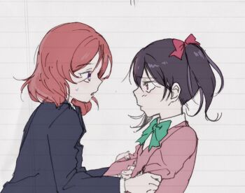 Rule 34 | 2girls, black hair, bow, commentary request, eye contact, green bow, hair bow, hands on another's arms, looking at another, love live!, love live! school idol project, multiple girls, nishikino maki, otonokizaka school uniform, pink sweater, purple eyes, red eyes, red hair, school uniform, short hair, short twintails, simple background, sweatdrop, sweater, tearing up, twintails, white background, yazawa3921, yazawa nico, yuri