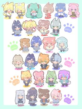 >_< 1other 25-ji_nightcord_de._(project_sekai) 6+boys 6+girls akiyama_mizuki animal_ears aoyagi_touya asahina_mafuyu asymmetrical_sidelocks azusawa_mito black_hair black_jacket black_pantyhose black_shorts blonde_hair blue_border blue_eyes blue_hair blue_scarf blunt_bangs border braid brown_cardigan brown_eyes brown_hair brown_shoes cardigan cat_boy cat_ears cat_girl cat_tail chibi closed_eyes closed_mouth collared_shirt commentary_request diagonal-striped_clothes diagonal-striped_necktie dog_boy dog_ears dog_tail drawstring full_body gradient_hair green_eyes green_hair green_necktie grey_hair grey_serafuku grey_skirt hair_between_eyes hair_over_shoulder hanasato_minori hand_on_own_cheek hand_on_own_chest hand_on_own_face hands_on_own_face hands_up hatsune_miku high_ponytail highres hina_(hinagiku_p) hinomori_shiho hinomori_shizuku hoshino_ichika_(project_sekai) jacket kagamine_len kagamine_rin kaito_(vocaloid) kamishiro_rui kamiyama_high_school_uniform_(project_sekai) kemonomimi_mode kiritani_haruka kusanagi_nene lapels leo/need_(project_sekai) long_hair long_sleeves looking_at_viewer low-tied_sidelocks megurine_luka meiko_(vocaloid) miyamasuzaka_girls'_academy_school_uniform mochizuki_honami momoi_airi more_more_jump!_(project_sekai) mouse_ears mouse_girl mouse_tail multicolored_hair multicolored_necktie multiple_boys multiple_girls neckerchief necktie notched_lapels one_eye_closed ootori_emu open_cardigan open_clothes open_jacket open_mouth orange_eyes orange_hair outstretched_arm outstretched_arms pants pantyhose paw_print pink_eyes pink_hair pleated_skirt ponytail project_sekai purple_eyes purple_hair red_neckerchief sailor_collar scarf school_uniform serafuku shinonome_akito shinonome_ena shiraishi_an shirt shoes short_hair short_twintails shorts side_ponytail sidelocks skirt smile socks standing standing_on_one_leg streaked_hair striped_clothes sweater tail tenma_saki tenma_tsukasa track_jacket twintails two-tone_hair v-neck very_long_hair vivid_bad_squad_(project_sekai) white_background white_socks wolf_ears wolf_girl wolf_tail wonderlands_x_showtime_(project_sekai) yellow_cardigan yellow_eyes yellow_neckerchief yellow_necktie yellow_sweater yoisaki_kanade