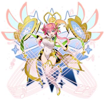 Rule 34 | 1girl, absurdres, bass clef, beamed sixteenth notes, bell, blonde hair, blue eyes, boots, breasts, commentary request, covered navel, duel masters, eighth note, flower, glowing, glowing wings, gold trim, green hair ornament, hair between eyes, hair flower, hair ornament, half note, high ponytail, highres, leotard, multicolored eyes, multicolored hair, musical note, musical staff, neck bell, open mouth, orange hair, pink eyes, pink hair, ponytail, quarter note, rafululu love (duel masters), sixteenth note, solo, teeth, thigh boots, tomiyama mishiro, upper teeth only, white background, white leotard, wings