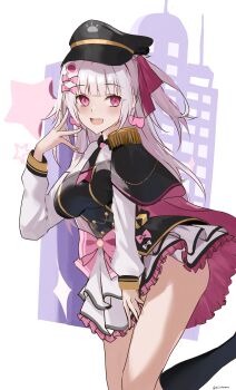 1girl absurdres black_hat black_necktie black_socks bow breasts buttons double-breasted epaulettes gram_pico hair_bow hair_ornament hat highres kneehighs long_hair long_sleeves necktie open_mouth phase_connect pink_bow second-party_source skirt smile socks solo twitter_username udonpan virtual_youtuber white_bow white_hair white_skirt