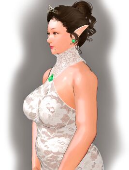 1girl bare_shoulders black_hair breasts brown_eyes brown_hair dress earrings elf halterneck jewelry kill_the_king large_breasts lips mature_female mole mole_under_mouth pointy_ears sleeveless solo tiara white_dress