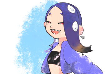 1girl black_tube_top blue_background blue_hair blue_jacket brown_hair colored_tips commentary_request dated jacket long_hair looking_at_viewer multicolored_hair nintendo octoling official_alternate_costume open_clothes open_jacket open_mouth red_eyes shiver_(splatoon) shiver_(suffer_no_fools)_(splatoon) short_eyebrows signature smile solo somakusha splatoon_(series) splatoon_3 standing strapless teeth tentacle_hair thick_eyebrows tube_top two-tone_hair white_background