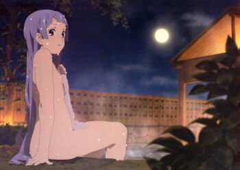 1girl absurdres artist_request bath blunt_bangs breasts female_focus full_moon highres kannagi long_hair moon nagi_(kannagi) night nipples nude onsen purple_eyes purple_hair sitting small_breasts soaking_feet solo towel very_long_hair water