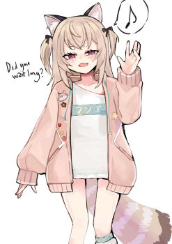 1girl asymmetrical_legwear black_bow bow brown_hair cowboy_shot fangs hashtag-only_commentary highres jacket komachi_panko komachi_panko_(3rd_costume) long_hair looking_at_viewer musical_note no_pants ok1teru oversized_clothes oversized_shirt phase_connect pink_jacket red_eyes red_panda_ears red_panda_girl red_panda_tail shirt simple_background skin_fangs sleeves_past_wrists smile solo spoken_musical_note thick_eyebrows twintails uneven_legwear virtual_youtuber white_background white_shirt