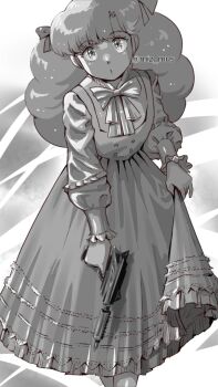 Rule 34 | 1girl, :o, big hair, bow, commentary request, dress, eyelashes, frilled dress, frilled sleeves, frills, grey theme, greyscale, gun, hair bow, holding, holding gun, holding weapon, long hair, long sleeves, looking at viewer, miz mus, monochrome, multicolored eyes, pinafore dress, ran (urusei yatsura), shirt, shirt under dress, skirt hold, sleeveless, sleeveless dress, solo, twitter username, urusei yatsura, weapon