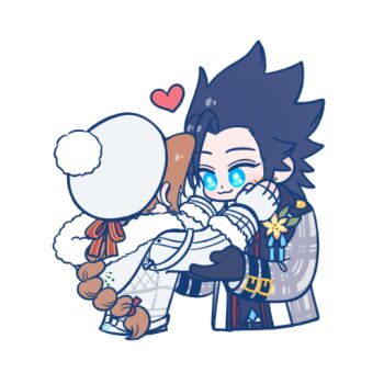 Rule 34 | 105zz, 1boy, 1girl, aerith gainsborough, aerith gainsborough (fairy of snowfall), black gloves, black hair, blue eyes, braid, braided ponytail, closed mouth, coat, commentary request, couple, cropped torso, earrings, facial scar, final fantasy, final fantasy vii, final fantasy vii: ever crisis, fingerless gloves, flower, fur-trimmed coat, fur-trimmed sleeves, fur trim, gloves, grey coat, hands on another's cheeks, hands on another's face, hat, heart, hetero, jewelry, long hair, long sleeves, looking at another, official alternate costume, pom pom (clothes), ponytail, scar, scar on cheek, scar on face, simple background, smile, spiked hair, stud earrings, white background, white coat, white gloves, white hat, yellow flower, zack fair, zack fair (holiday suit)