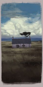 Rule 34 | absurdres, cloud, cloudy sky, commentary, day, english commentary, highres, horizon, house, mountainous horizon, no humans, original, outdoors, painterly, plain, scenery, sky, toebeez, tree