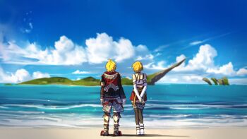 1boy 1girl absurdres arms_behind_back beach blue_sky cloud detached_sleeves fiora_(xenoblade) from_behind highres hood hoodie island ocean poteto_(potetosarada123) scenery short_hair shorts shulk_(xenoblade) skirt sky thighhighs water xenoblade_chronicles_(series) xenoblade_chronicles_1