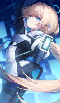 1girl absurdres aiming aiming_at_viewer blonde_hair blue_archive blue_bodysuit blue_eyes blue_halo blue_streaks bodysuit breasts commentary_request energy_gun from_side gun halo highres holding holding_gun holding_weapon jacket ji_nian long_hair looking_at_viewer looking_to_the_side low_ponytail multicolored_hair official_alternate_costume ponytail pouch sideways_glance small_breasts solo thigh_pouch toki_(armed)_(blue_archive) toki_(blue_archive) two-tone_hair weapon white_jacket