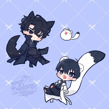 2boys ahoge animal_ears biyoo_(omniscient_reader&#039;s_viewpoint) black_coat black_hair black_shirt boots cat_ears cat_tail coat collared_shirt commentary double-parted_bangs floating full_body hair_between_eyes highres kemonomimi_mode kim_dokja kimidori_22 male_focus mouse_ears mouse_tail multiple_boys omniscient_reader&#039;s_viewpoint open_clothes open_coat outstretched_leg paw_shoes popped_collar shirt short_hair symbol-only_commentary tail white_coat yoo_joonghyuk