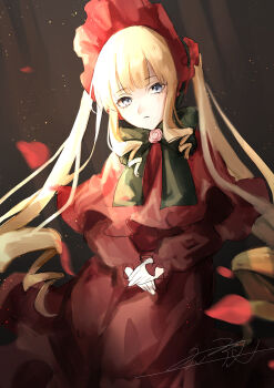 Rule 34 | 1girl, absurdres, black bow, black bowtie, blonde hair, blue eyes, blunt bangs, bow, bowtie, brooch, capelet, closed mouth, commentary request, dress, drill hair, drill sidelocks, falling petals, feet out of frame, flower, flower brooch, hands on own thighs, highres, jewelry, light particles, long hair, looking at viewer, own hands together, petals, pink flower, pink rose, red bow, red capelet, red dress, rokuya (68 zusao), rose, rozen maiden, shinku, sidelocks, signature, sitting, solo, twin drills, twintails, variant set, very long hair