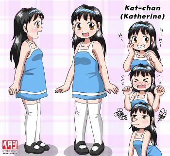 &gt;_&lt; 1girl angry black_hair black_shoes blue_dress blush breasts brown_eyes closed_eyes collarbone dress embarrassed flying_sweatdrops from_side grin hairband katherine_(marup) long_hair looking_at_viewer looking_to_the_side marup mary_janes multiple_views open_mouth original pink_background plaid_background shoes sleeveless sleeveless_dress small_breasts smile standing striped_clothes striped_hairband teeth thighhighs upper_body white_thighhighs