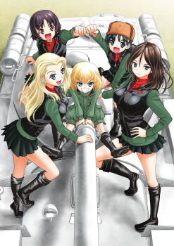 Rule 34 | 5girls, alina (girls und panzer), black footwear, black hair, black skirt, black vest, blonde hair, blue eyes, bob cut, boots, brown eyes, brown hair, brown headwear, clara (girls und panzer), closed mouth, commentary request, foot up, fur hat, girls und panzer, green jacket, green jumpsuit, grin, hand on own hip, hat, highres, insignia, jacket, jumpsuit, katyusha (girls und panzer), leaning forward, long hair, long sleeves, looking at viewer, low twintails, military, military uniform, military vehicle, miniskirt, motor vehicle, multiple girls, nina (girls und panzer), nonna (girls und panzer), open mouth, pleated skirt, pravda military uniform, raised fist, red shirt, shirt, short hair, short jumpsuit, short twintails, sitting, skirt, smile, standing, swept bangs, t-34, taniguchi gou, tank, textless version, turtleneck, twintails, ushanka, v-shaped eyebrows, vest, zipper
