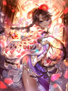 1girl backlighting baizu_(guszx) blue_eyes blush braid breasts brown_hair china_dress chinese_clothes clothing_cutout cowboy_shot dress elbow_gloves flower folding_fan from_side gloves grey_pantyhose hair_flower hair_ornament hand_fan highres holding indoors large_breasts long_hair looking_at_viewer navel navel_cutout official_art open_mouth pantyhose petals pink_petals purple_dress red_flower red_petals renfa_(shironeko_project) shironeko_project sidelocks smile solo standing teeth thighs third-party_source tsurime upper_teeth_only very_long_hair window