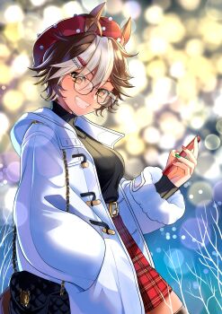 1girl absurdres ahoge alternate_costume animal_ears bag black_bag black_shirt breasts brown_eyes brown_hair coat glasses green_nails hand_in_pocket handbag hat highres holding horse_ears horse_girl horse_tail indie_virtual_youtuber long_sleeves momone_cco multicolored_nails open_clothes open_coat plaid_clothes plaid_skirt red_hat red_nails red_skirt second-party_source shirt skirt smile solo tail tomoe_umari turtleneck turtleneck_shirt two-tone_nails virtual_youtuber white_coat white_hair