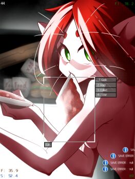 absurdres alien ariral breasts burger cat_girl completely_nude fang food gezelle_2045 green_eyes highres long_hair looking_at_viewer meat medium_breasts mouth_hold nude pale_skin parted_bangs pointy_ears red_hair upper_body user_interface voices_of_the_void