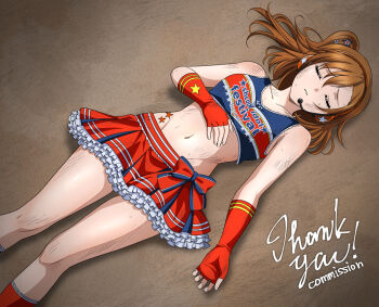 Rule 34 | 1girl, bare shoulders, blue tank top, breasts, brown hair, bruise, bruise on arm, bruise on face, bruise on leg, bruise on stomach, cheerleader, closed eyes, clothes writing, collarbone, commentary request, commission, crop top, elbow gloves, fainted, fingerless gloves, frilled skirt, frills, gloves, groin, hair between eyes, hair ornament, hand on own stomach, headset, injury, kneehighs, kosaka honoka, long hair, love live!, love live! school idol project, lying, medium breasts, midriff, miniskirt, murasaki tsutsuji, navel, official alternate costume, on back, one side up, parted lips, red gloves, red skirt, red socks, shadow, sidelocks, skeb commission, skirt, socks, solo, star (symbol), star hair ornament, star print, striped clothes, striped gloves, sweat, takaramonozu, tank top, unconscious