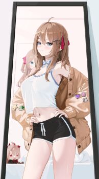 1girl absurdres ahoge badge black_shorts blue_bow blue_bowtie blue_eyes bow bowtie breasts brown_hair button_badge cardigan closed_mouth commentary commission cowboy_shot dolphin_shorts english_commentary fieryonion from_side hair_between_eyes hair_ornament hair_ribbon hands_on_own_hips heart heart_hair_ornament highres indoors large_breasts long_hair navel neuro-sama red_ribbon reflection ribbon second-party_source shorts smile solo tank_top two_side_up vedal_ai virtual_youtuber white_tank_top yellow_cardigan