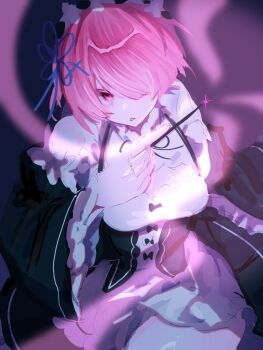 1girl black_dress breasts dress gura_(kihou7342) hair_ornament hair_over_one_eye hair_ribbon highres holding holding_wand long_sleeves looking_at_viewer maid medium_breasts pink_hair ram_(re:zero) re:zero_kara_hajimeru_isekai_seikatsu ribbon roswaal_mansion_maid_uniform short_hair solo wand white_dress wide_sleeves x_hair_ornament