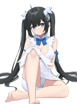 1girl ahoge arm_ribbon black_hair blue_eyes blue_ribbon breasts cameltoe cleavage cleavage_cutout clothing_cutout commentary dress dungeon_ni_deai_wo_motomeru_no_wa_machigatteiru_darou_ka gloves hair_ribbon hands_on_own_knee hestia_(danmachi) interlocked_fingers knee_up long_hair looking_at_viewer luochao0524 own_hands_together panties rei_no_himo ribbon simple_background smile solo twintails underwear white_background white_dress white_gloves white_panties