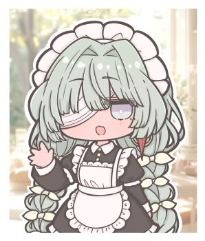 1girl alternate_costume apron bandage_over_one_eye black_dress braid character_name commentary dress enmaided futaba_(anti_clockwise) grey_eyes grey_hair highres long_hair looking_at_viewer low_twin_braids maid maid_headdress open_mouth phrolova_(wuthering_waves) solo symbol-only_commentary twin_braids waving wuthering_waves