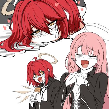 2girls absurdres ahoge apple_pie arknights blush choebal1356201 closed_eyes exusiai_(arknights) exusiai_the_new_covenant_(arknights) food halo hashtag-only_commentary heart heart-shaped_pupils highres implied_sex lemuen_(arknights) long_hair multiple_girls nervous_sweating one_side_up orange_eyes own_hands_together pie pink_hair red_hair speech_bubble sweat symbol-shaped_pupils thought_bubble