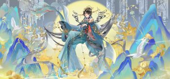 1girl absurdly_long_hair absurdres bare_shoulders bird black_hair blue_dress blue_hanfu chinese_clothes chinese_commentary curtained_hair detached_sleeves dove dress earrings embroidery eyeshadow floral_print flower_ornament forehead_jewel full_body full_moon gongzi_xiyu grey_background hair_flowing_over hair_ornament hair_rings hair_stick half_updo hanfu headdress highres hua_yi_shanxin_zhiyue jewelry long_hair long_sleeves looking_at_viewer makeup moon mountain parted_bangs parted_lips red_eyeshadow red_lips sideways_glance solo strapless strapless_dress tassel very_long_hair wide_sleeves yaopei yellow_eyes zhao_yang