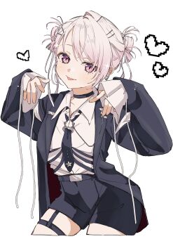 1girl black_choker black_jacket black_necktie black_shorts blush bow breasts choker collared_shirt commentary cowboy_shot double_bun ear_piercing earrings ghost_pose hair_bun hair_ornament hairclip heart highres jacket jewelry large_breasts long_sleeves looking_at_viewer necktie nijisanji o-ring_necktie open_clothes open_jacket piercing pink_eyes pink_hair shiina_yuika shiina_yuika_(14th_costume) shiratamamaru shirt shorts simple_background single_hair_intake sleeves_past_wrists solo thigh_strap thighs tongue tongue_out virtual_youtuber white_background white_bow white_shirt