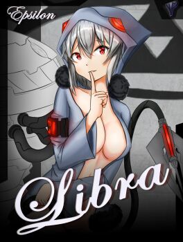 1girl absurdres amino--acid breasts cleavage coat collar collarbone covered_erect_nipples covering_navel cursive double-parted_bangs english_text finger_to_mouth flustered fur-trimmed_coat fur_trim grey_background grey_coat grey_hood highres hood hood_up horned_hood horns large_breasts libra_(mental_omega) machine machinery mechanical_tail mental_omega_(mod) naked_coat navel no_bra open_clothes open_coat psi-corps_symbol red_eyes resh_vav_yod_symbol short_hair shushing shy sidelocks solo tail undressing upper_body white_hair wispy_bangs