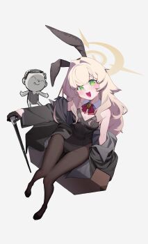 1boy 1girl @_@ ^_^ absurdres animal_ears black_coat black_gloves black_leotard black_pantyhose blonde_hair blue_archive blush bow bowtie box breasts cane chinese_commentary closed_eyes coat commentary detached_collar doodle_sensei_(blue_archive) embarrassed fake_animal_ears from_above gloves green_eyes hair_intakes half_gloves halo highleg highleg_leotard highres holding holding_cane knees_together_feet_apart leotard loli long_hair long_sleeves looking_at_viewer looking_up no_shoes off_shoulder on_box open_clothes open_coat open_mouth pantyhose playboy_bunny professor_niyaniya_(blue_archive) rabbit_ears red_bow red_bowtie sensei_(blue_archive) simple_background sitting sitting_on_box small_breasts small_sweatdrop smile strapless strapless_leotard sweatdrop very_long_hair white_background yellow_halo yoni_(zhang)