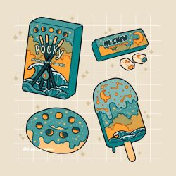 Rule 34 | brown background, chewing gum, constellation, doughnut, emily kim, food, food focus, hi-chew, ice cream, icing, melting, moon phases, no humans, original, pocky, popsicle, popsicle stick, simple background, sparkle, sweets, twitter username, waves