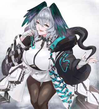 1girl arknights breasts brown_pantyhose coat dress fangs feet_out_of_frame fingerless_gloves gloves green_eyes grey_gloves grey_hair head_wings highres ho'olheyak_(arknights) infection_monitor_(arknights) large_breasts long_sleeves looking_at_viewer medium_hair nos_(nos_tsn) open_clothes open_coat pantyhose pouch sitting smile solo tail tongue tongue_out white_dress wings