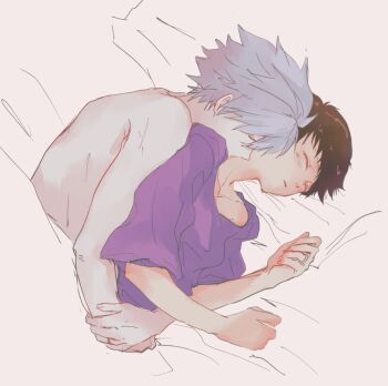 Rule 34 | 2boys, black hair, blush, closed eyes, closed mouth, grey hair, highres, hug, hug from behind, ikari shinji, jewelry, male focus, multiple boys, nagisa kaworu, neon genesis evangelion, nude, on bed, purple shirt, ring, shared bed, shirt, short hair, sleeping, sleeping together, under covers, upper body, yaoi, yorumi1117