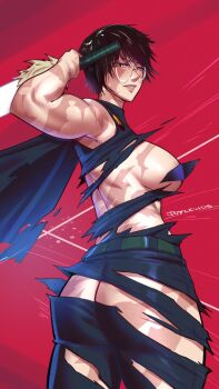 1girl ass breasts burn_scar commentary glasses green_hair high-waist_pants highres holding holding_sword holding_weapon huge_ass joylewds jujutsu_kaisen jujutsu_tech_uniform large_breasts multiple_scars muscular muscular_female pants scar scar_on_arm scar_on_back scar_on_breasts scar_on_face scars_all_over solo sword thick_thighs thighs too_many weapon zen'in_maki