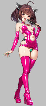 ahoge armpits backless_outfit bare_shoulders blush bodycon boots breasts bridal_gauntlets brown_hair cameltoe choker cleavage_cutout clothing_cutout crossed_legs dress elbow_gloves fang gloves hand_fan headgear high_heels highleg highleg_panties highres holding holding_fan looking_at_viewer microdress nail_polish navel navel_cutout o-ring open_mouth panties pink_boots pink_dress pink_eyes revealing_clothes side-tie_panties side_cutout sidelocks simple_background skindentation sleeveless sleeveless_dress small_breasts standing sweat thigh_boots thong tight_clothes tight_dress tongue torisan touhoku_kiritan twintails underwear wide_hips