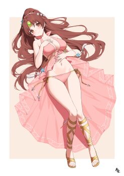 1girl absurdres bare_shoulders bikini blush breasts brown_eyes brown_hair circlet cleavage closed_mouth collarbone dhokidoki fire_emblem fire_emblem:_mystery_of_the_emblem fire_emblem:_shadow_dragon fire_emblem:_shadow_dragon_and_the_blade_of_light fire_emblem_heroes hair_ornament highres jewelry large_breasts linde_(fire_emblem) linde_(summer_rays)_(fire_emblem) long_hair looking_at_viewer navel nintendo official_alternate_costume pink_bikini ponytail smile solo swimsuit very_long_hair