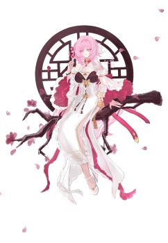 Rule 34 | 1girl, absurdres, alternate costume, breasts, cherry blossoms, chinese commentary, commentary request, commission, diamond-shaped pupils, diamond (shape), dress, elf, elysia (herrscher of human: ego) (honkai impact), elysia (honkai impact), flower, hair flower, hair ornament, high heels, highres, honkai (series), honkai impact 3rd, large breasts, long hair, multicolored hair, pink hair, pointy ears, purple eyes, simple background, sitting on branch, solo, symbol-shaped pupils, two-tone hair, very long hair, white background, white dress, white hair, yu diandian