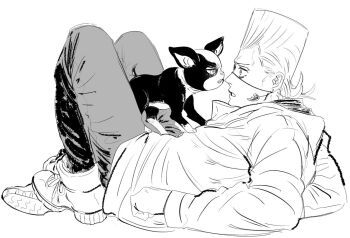 animal animal_on_stomach bags_under_eyes boots boston_terrier chainsaw_man dog earrings elbow_rest eyepatch face-to-face flattop greyscale iggy_(jojo) inkmorechatta jacket jean_pierre_polnareff jewelry jojo_no_kimyou_na_bouken long_sleeves lying male_focus monochrome on_back pants parody parted_lips surprised tall_hair white_background