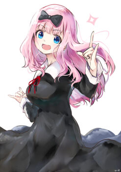 Rule 34 | 1girl, :d, \n/, black bow, black dress, blue eyes, bow, breasts, collared dress, commentary request, dress, e-co, fujiwara chika, hair bow, kaguya-sama wa kokurasetai ~tensai-tachi no renai zunousen~, long hair, looking at viewer, neck ribbon, open mouth, pink hair, red ribbon, ribbon, school uniform, shuuchiin academy school uniform, simple background, smile, solo, white background